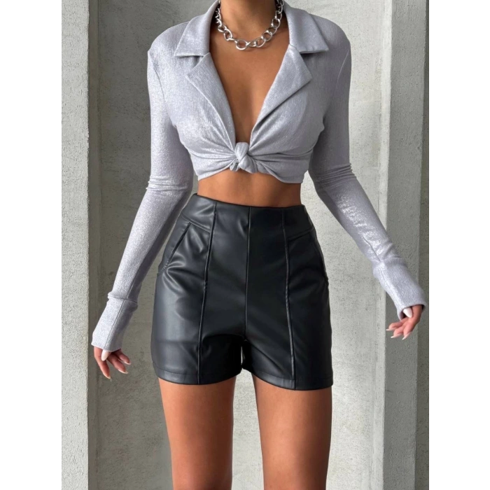 Parçalı cepli deri şort siyah w26312