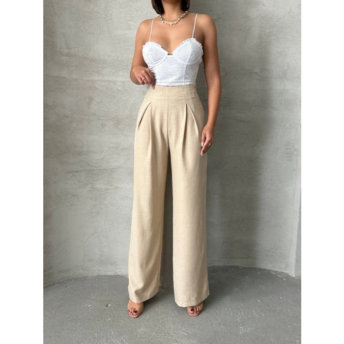 Pileli keten pantolon s255046