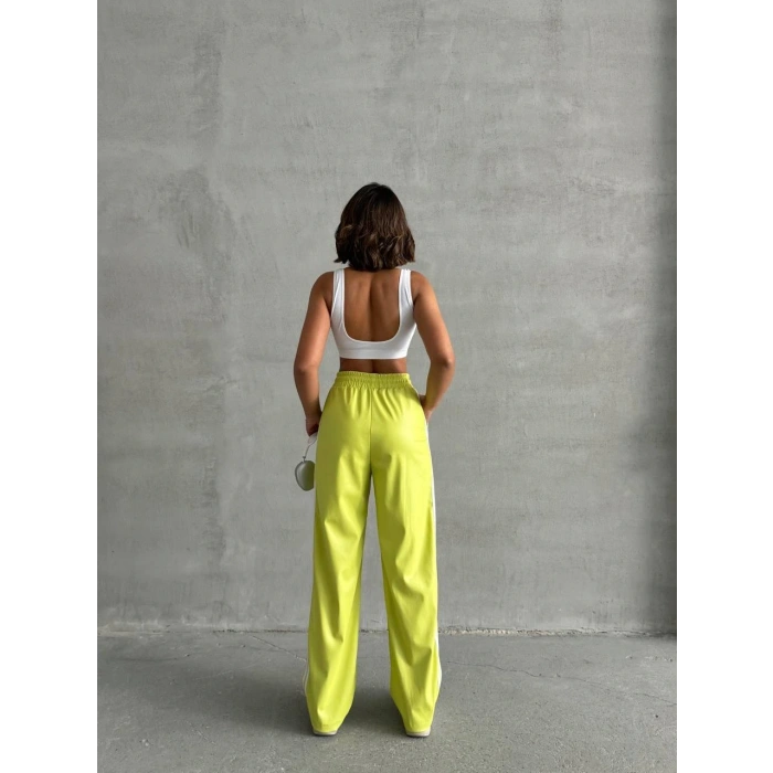 Şeritli deri pantolon yeşil h26430