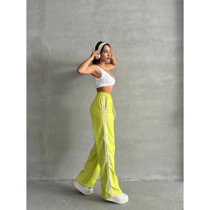 Şeritli deri pantolon yeşil h26430