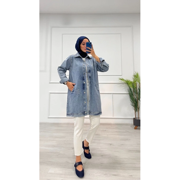 Taşlı tunik ceket kar yıkamalı mavi d2516