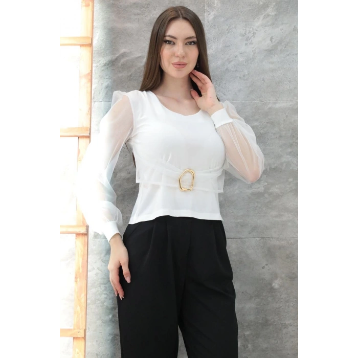 Tokalı tül kollu bluz beyaz t4071