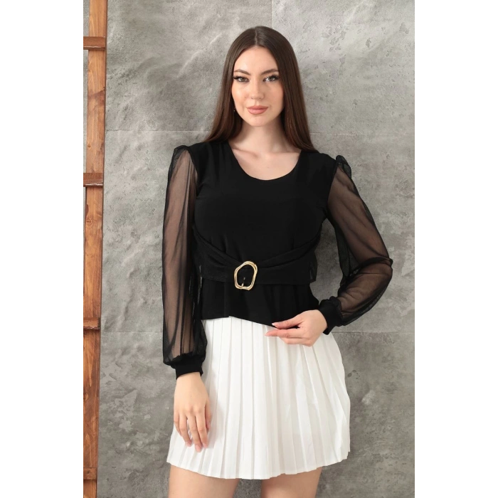 Tokalı tül kollu bluz siyah t4071