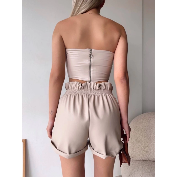 Tüllü deri crop bej w24615