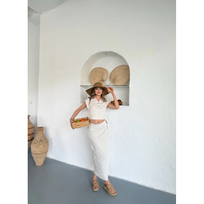 Uzun etekli bluz takım keten krem s255852