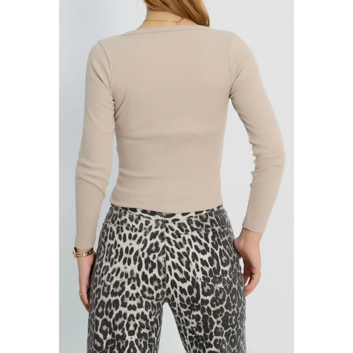 V yaka kaşkorse bluz bej a3699