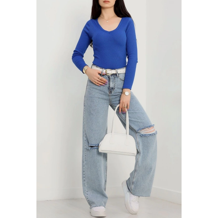 V yaka kaşkorse bluz saks mavisi a3699