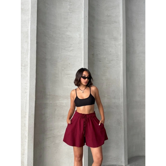 Volanlı keten şort bordo s255058