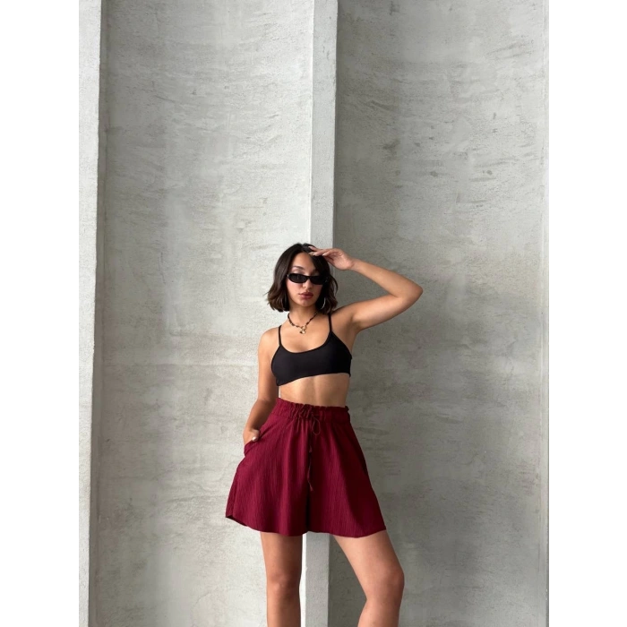 Volanlı keten şort bordo s255058