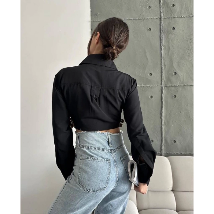 Yanı kemer detaylı crop gömlek siyah s4009