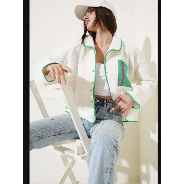 Yeşil fermuar cepli kuzu mont beyaz t1085