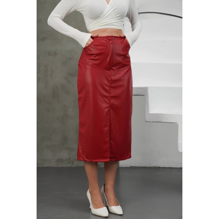 Yırtmaçlı uzun deri etek bordo