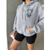3 iplik şardonlu oversize kafa baskılı sweat gri