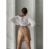 Beli lastikli duble paça deri şort bej w24755