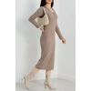 Fermuar detaylı fitilli şardonlu elbise bej a3178