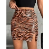 Tek yırtmaçlı zebra desenli deri etek kahvesiyah w24475-S