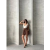 Volanlı keten şort kahve s255058