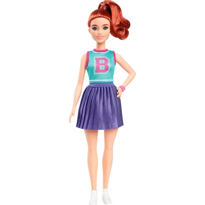 Barbie Bebek Forması ve pileli mor eteğiyle kızıl saçlı Barbie Fashionistas bebek