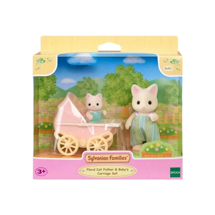 Adore Sylvanian Families Çiçekli Kedi Baba ve Bebek Arabası Seti
