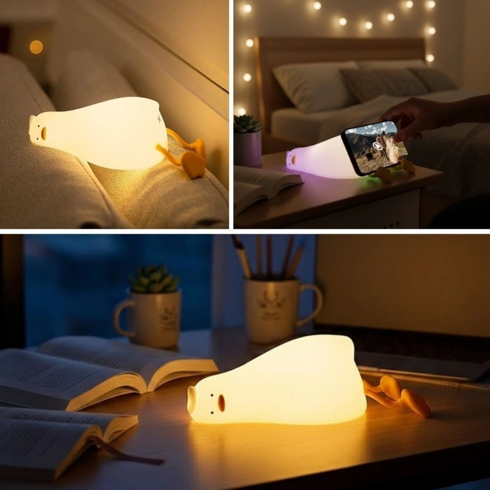 5 Farklı Renk Modlu Tembel Ördek Figürlü Pofuduk LED Gece ası–Yumuşak Dokulu Çocuk Odası ve Dekoratif Şarjlı Ortam Işığı