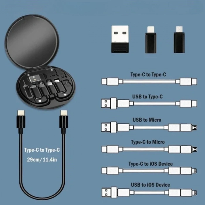 60w Destekli Kablo Kutusu Seyahat Kablo Seti 5i 1 arada USB Type-C Şarj Kablosu Seti