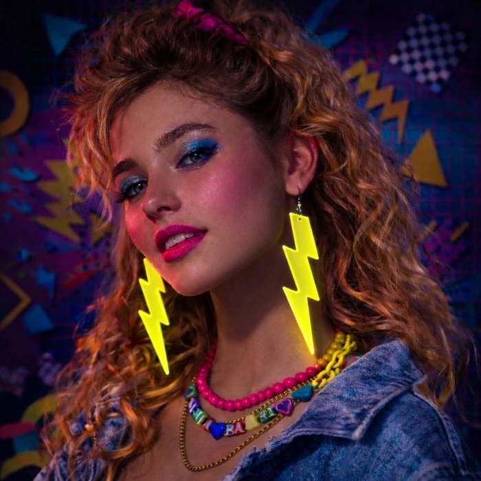 80’ler 90'lar Retro Neon Sarı Şimşek Küpe 10 Cm