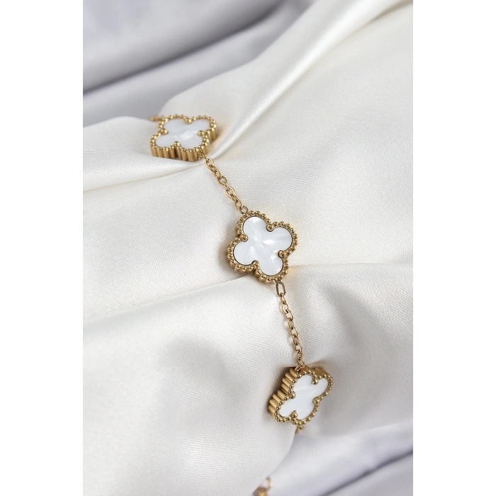 Mey İthalat® 316L Çelik Beyaz Sedef Yonca Model Gold Renk Kadın Bileklik