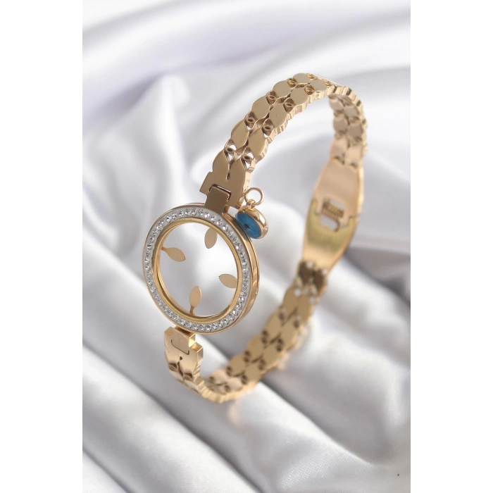 BFS 316L Çelik Gold Renk Arpa Model Zirkon Taş Detay Çeyrek Altın Takılabilir Kadın Kelepçe