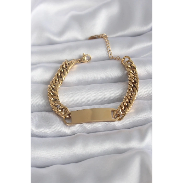 BFS 316L Çelik Gold Renk İsim Yazılabilir Plaka Model Kadın Bileklik