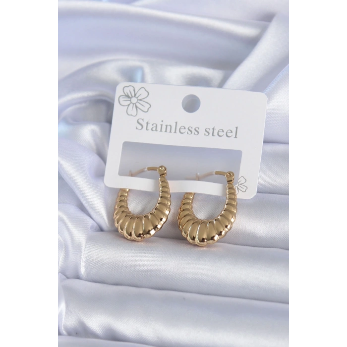 BFS 316L Çelik Gold Renk İşlemeli Halka Model Kadın Küpe