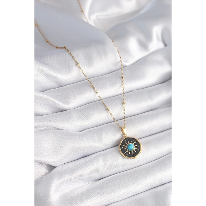 BFS 316L Çelik Gold Renk Mavi Boncuk Güneş İşleme Madalyon Model Kadın Kolye