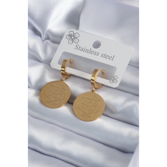 BFS 316L Çelik Gold Renk Pentagram İşleme Model Kadın Küpe