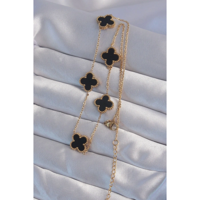 BFS 316L Çelik Gold Renk Siyah Mineli Yonca Kolye