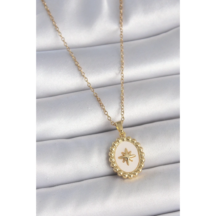 BFS 316L Çelik Gold Renk Zincir Beyaz Mineli Kutup Yıldız İşlemeli Madalyon Model Kadın Kolye