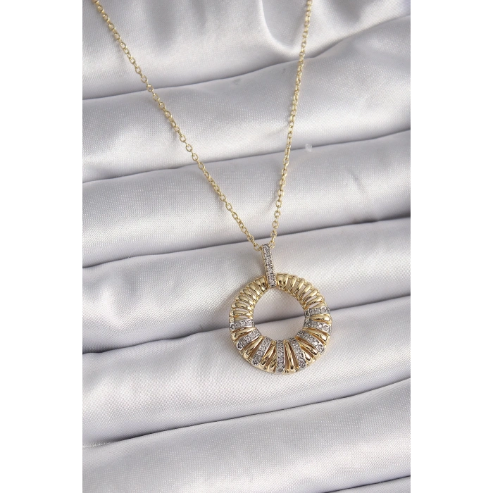 BFS 316L Çelik Gold Renk Zincir Gümüş Zirkon Taşlı Daire Model Kadın Kolye
