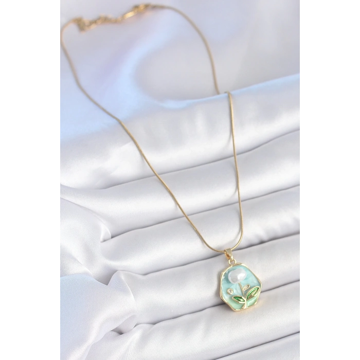 BFS 316L Çelik Gold Renk Zincir Mavi Çiçek İşlemeli İnci İşlemeli Portre Model Kadın Kolye