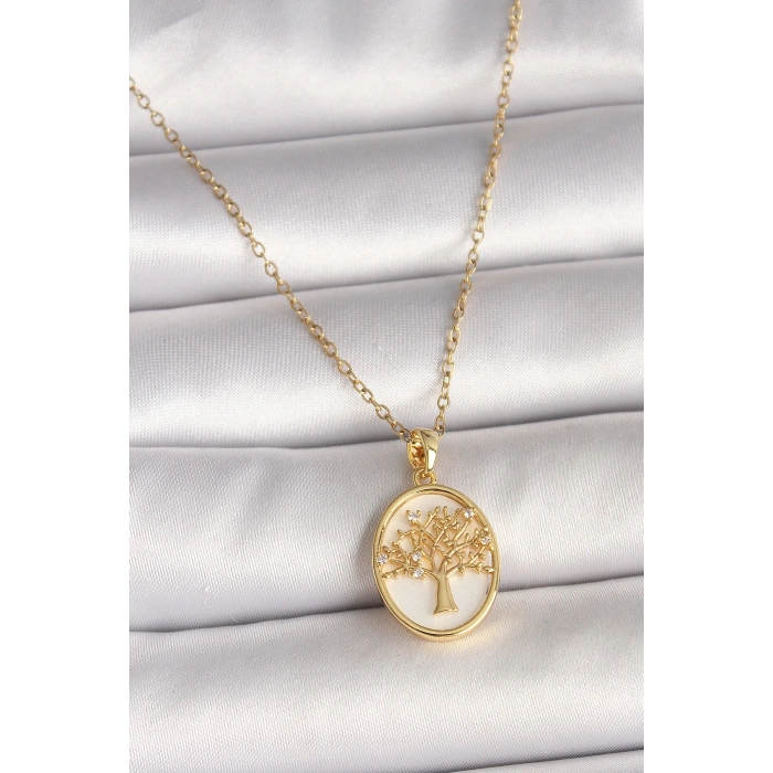 BFS 316L Çelik Gold Renk Zincir Zirkon Taş Detaylı Beyaz Mineli Ağaç İşlemeli Portre Model Kadın Kolye