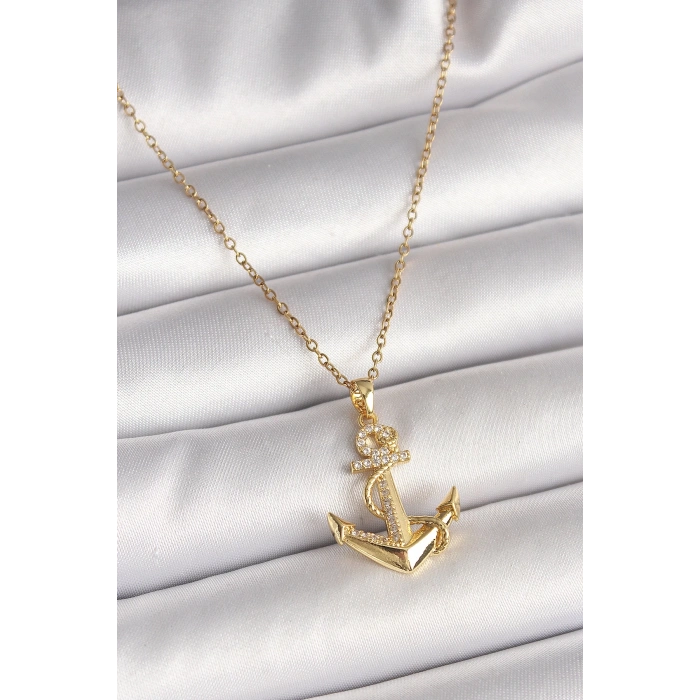 BFS 316L Çelik Gold Renk Zincir Zirkon Taş Detaylı Çapa Model Kadın Kolye