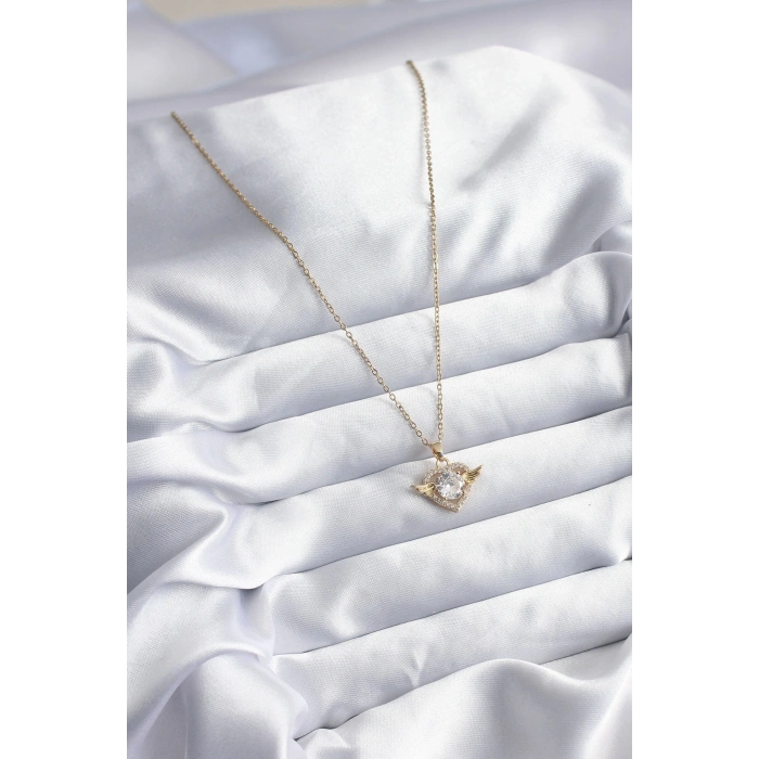 BFS 316L Çelik Gold Renk Zincir Zirkon Taşlı Kalp Model Kadın Kolye