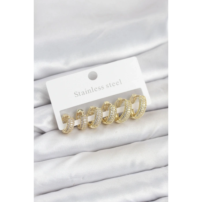 BFS 316L Çelik Gold Renk Zirkon Taşlı Halka Küpe Seti