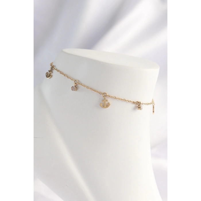 BFS 316L Çelik Gold Renk Zirkon Taşlı Minimal Çapa Tasarımlı Halhal