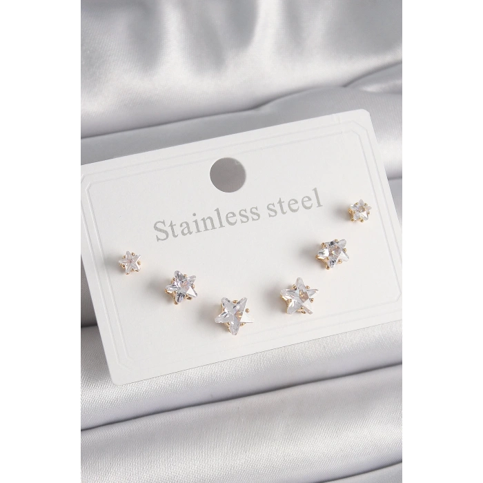 BFS 316L Çelik Gold Renk Zirkon Taşlı Yıldız Model Kadın Küpe Seti