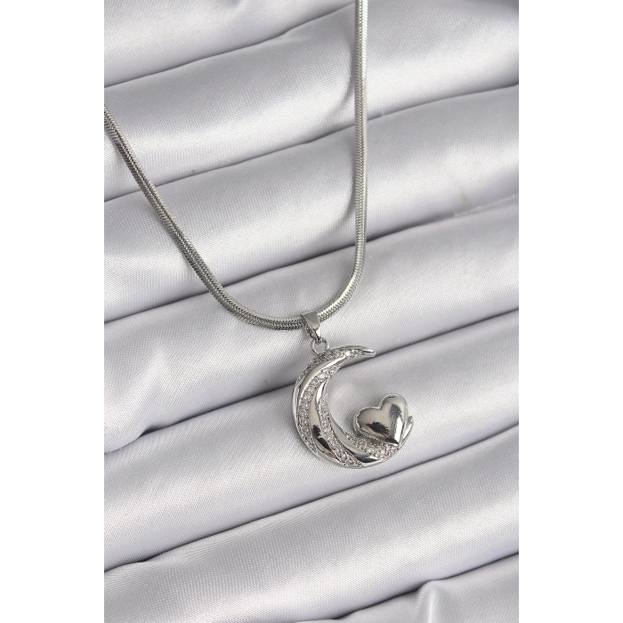 BFS 316L Çelik Gümüş Renk İtalyan Zincir Zirkon Taşlı Halil Figür Kalp Detay Kadın Kolye