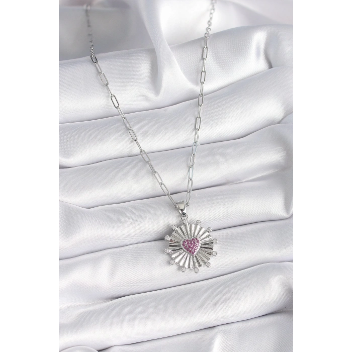 BFS 316L Çelik Gümüş Renk Pembe Zirkon Taşlı Kalp İşleme Madalyon Model Kadın Kolye