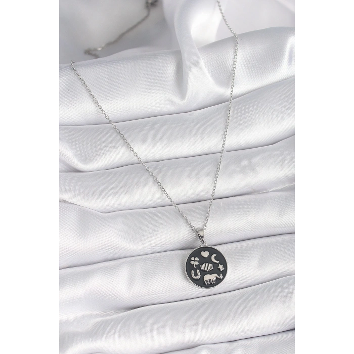 BFS 316L Çelik Gümüş Renk Siyah Renk Şans Kolyesi