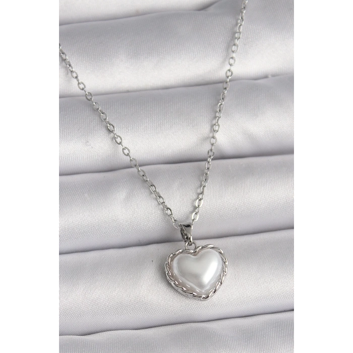 BFS 316L Çelik Gümüş Renk Zincir 3D İnci Kalp Model Kadın Kolye