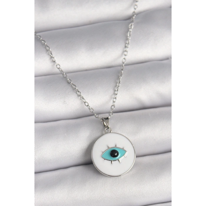 BFS 316L Çelik Gümüş Renk Zincir Beyaz Mineli Turkuaz Göz İşleme Model Kadın Kolye