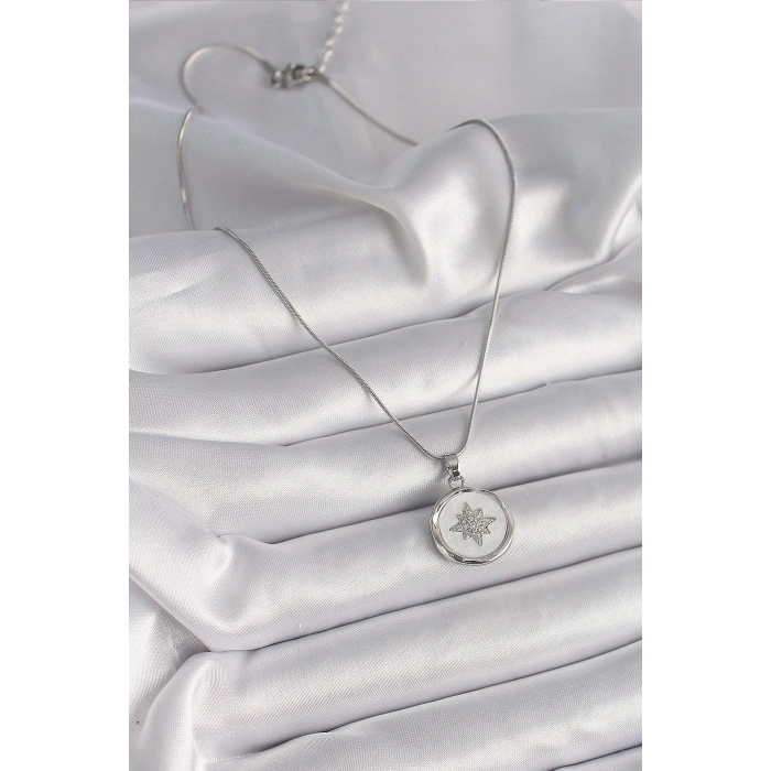 BFS 316L Çelik Gümüş Renk Zincir Beyaz Sedefli Zirkon Taşlı Yıldız İşleme Model Kadın Kolye