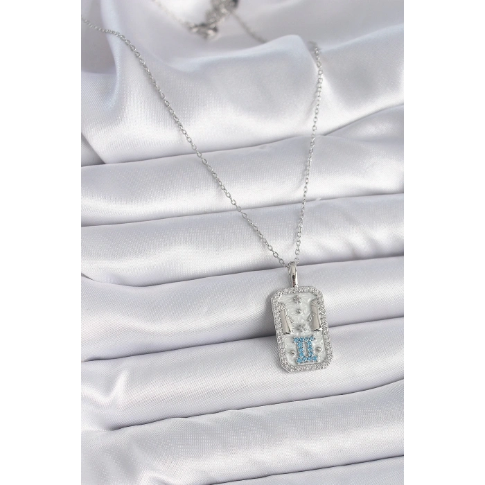 BFS 316L Çelik Gümüş Renk Zincir İkizler Burcu Zirkon Taşlı Kadın Kolye