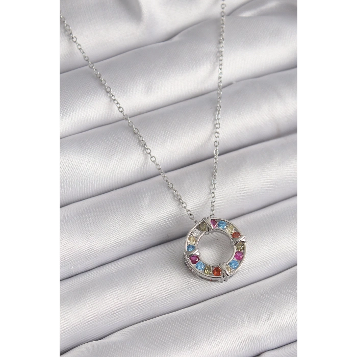 BFS 316L Çelik Gümüş Renk Zincir Renkli Zirkon Taşlı Xoxo Model Kadın Kolye